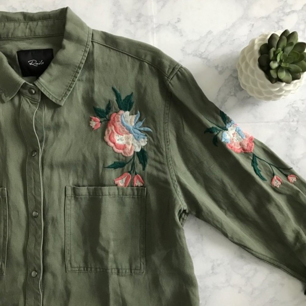 Rails Green Button Down Linen Shirt Embroidered M - image 3